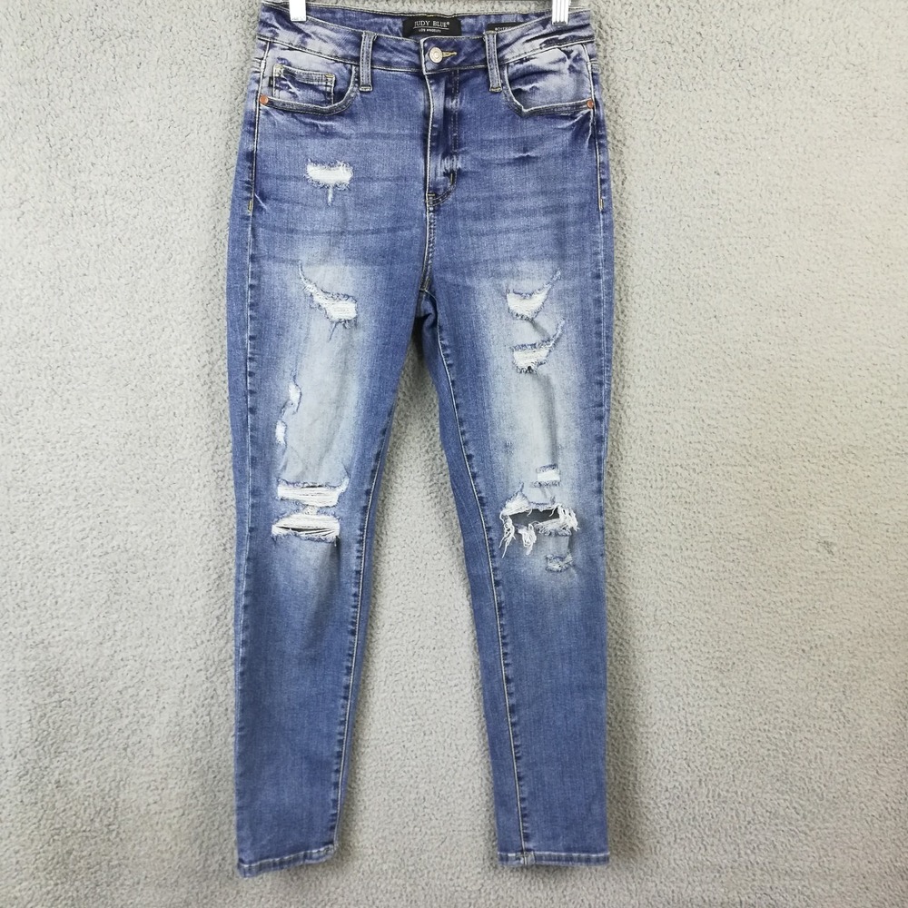 Judy Blue Womens Jeans Boyfriend Fit Blue Denim High Rise Ripped Whiskering 7